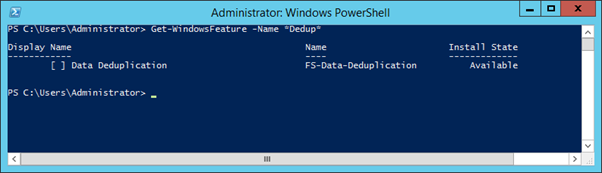Output from PowerShell command Get-DedupeStatus where Data Deduplication is enabled.