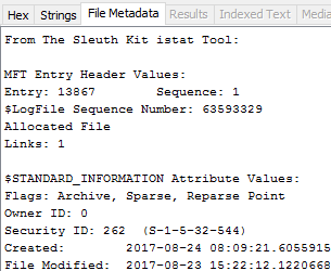 Viewing the File Metadata tab for a  Reparse Point in Autopsy 4.4.0