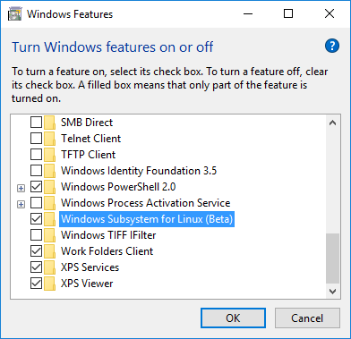 Enabling WSL from the Windows Features